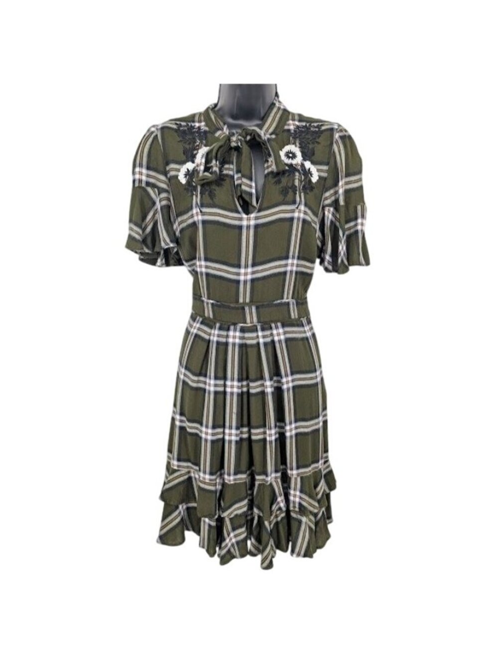 Ranna Gill Plaid Tie Neck‎ Dress Tiered Ruffle Academia Cottagecore Floral Small